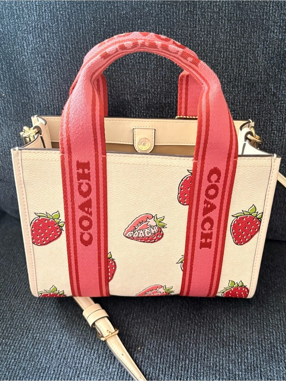 COACH Strawberry Print Coated Canvas Smith Tote in Cream and Red